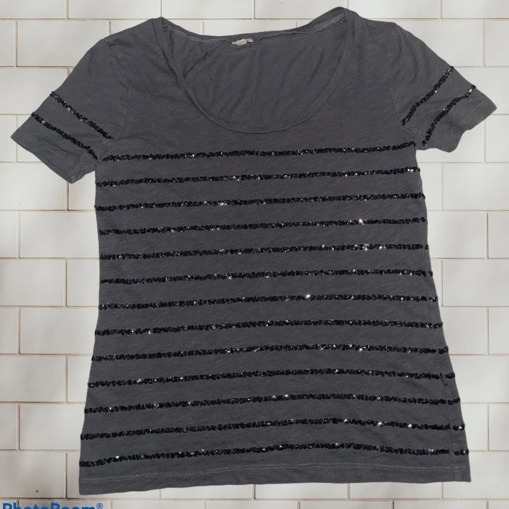J. Crew Charcoal Gray Sequin Stripe Tee